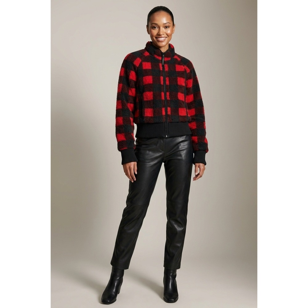 MOTHER The Funnel Neck Ribbed Jacket‎ Red Black Buffalo Plaid Fleece Large